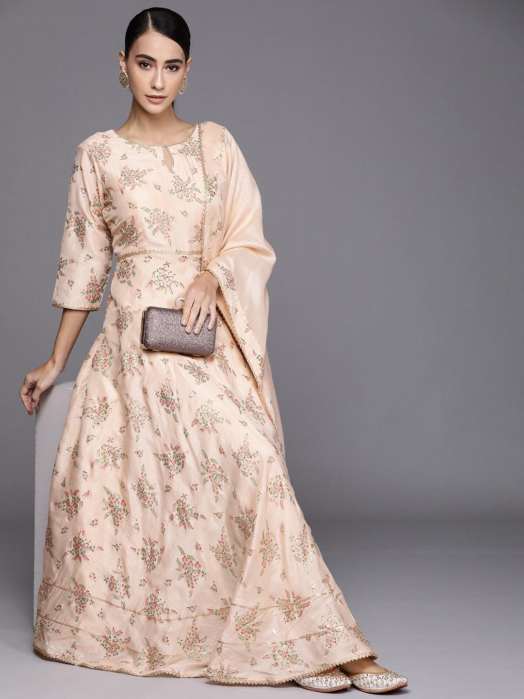 Peach Printed Silk Blend Dress With Dupatta - ShopLibas