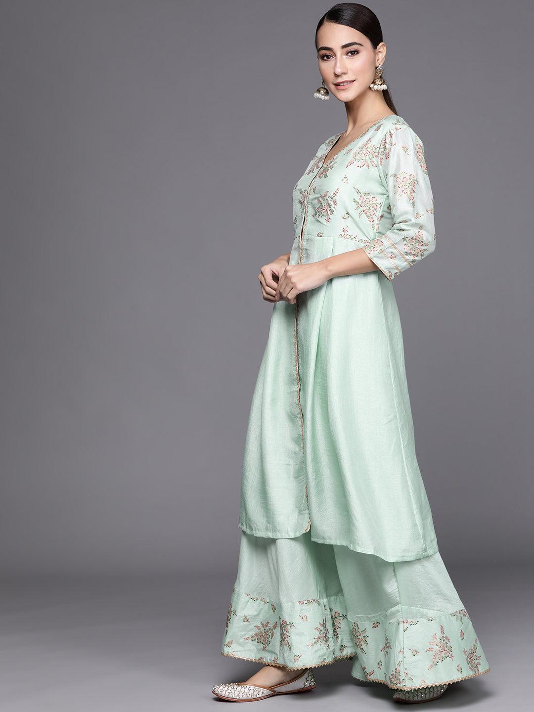 Sea Green Printed Silk Blend Suit Set - ShopLibas