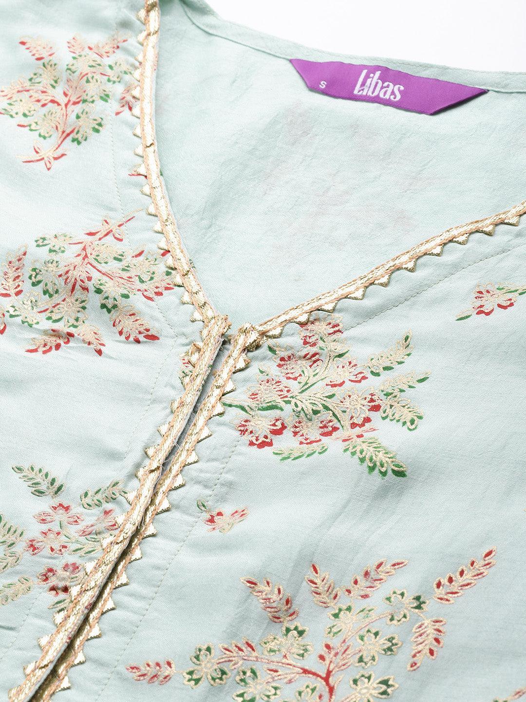 Sea Green Printed Silk Blend Suit Set - ShopLibas