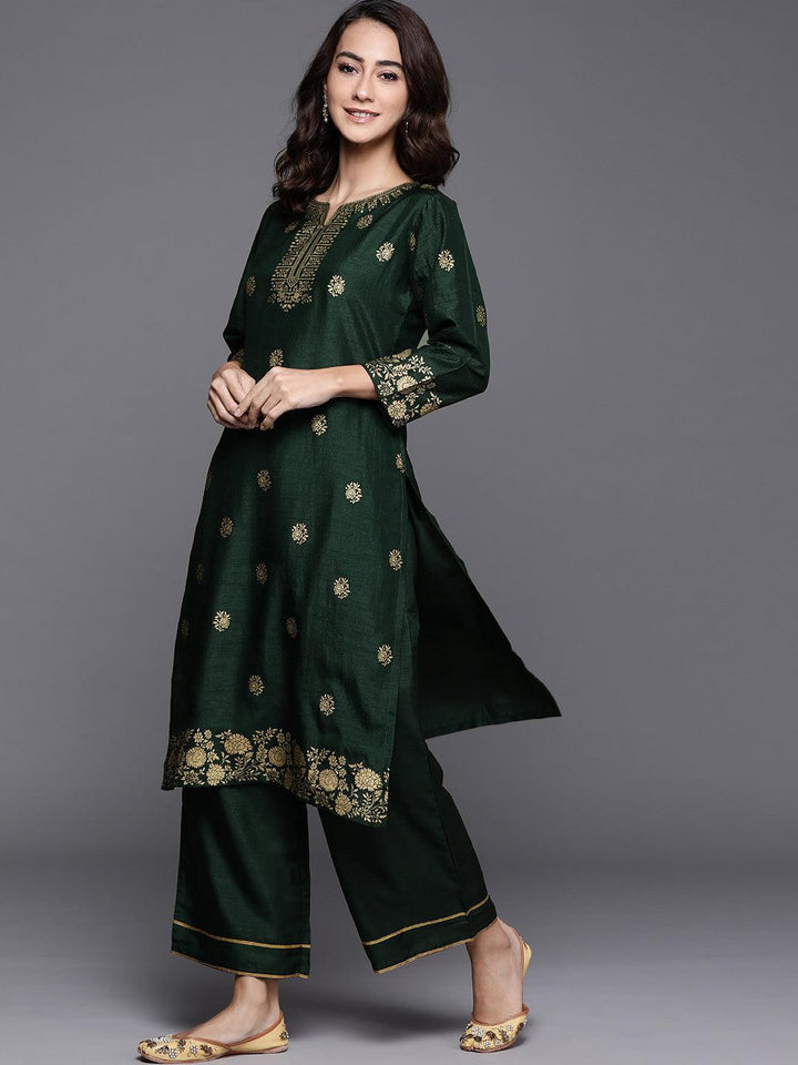 Green Printed Silk Blend Suit Set