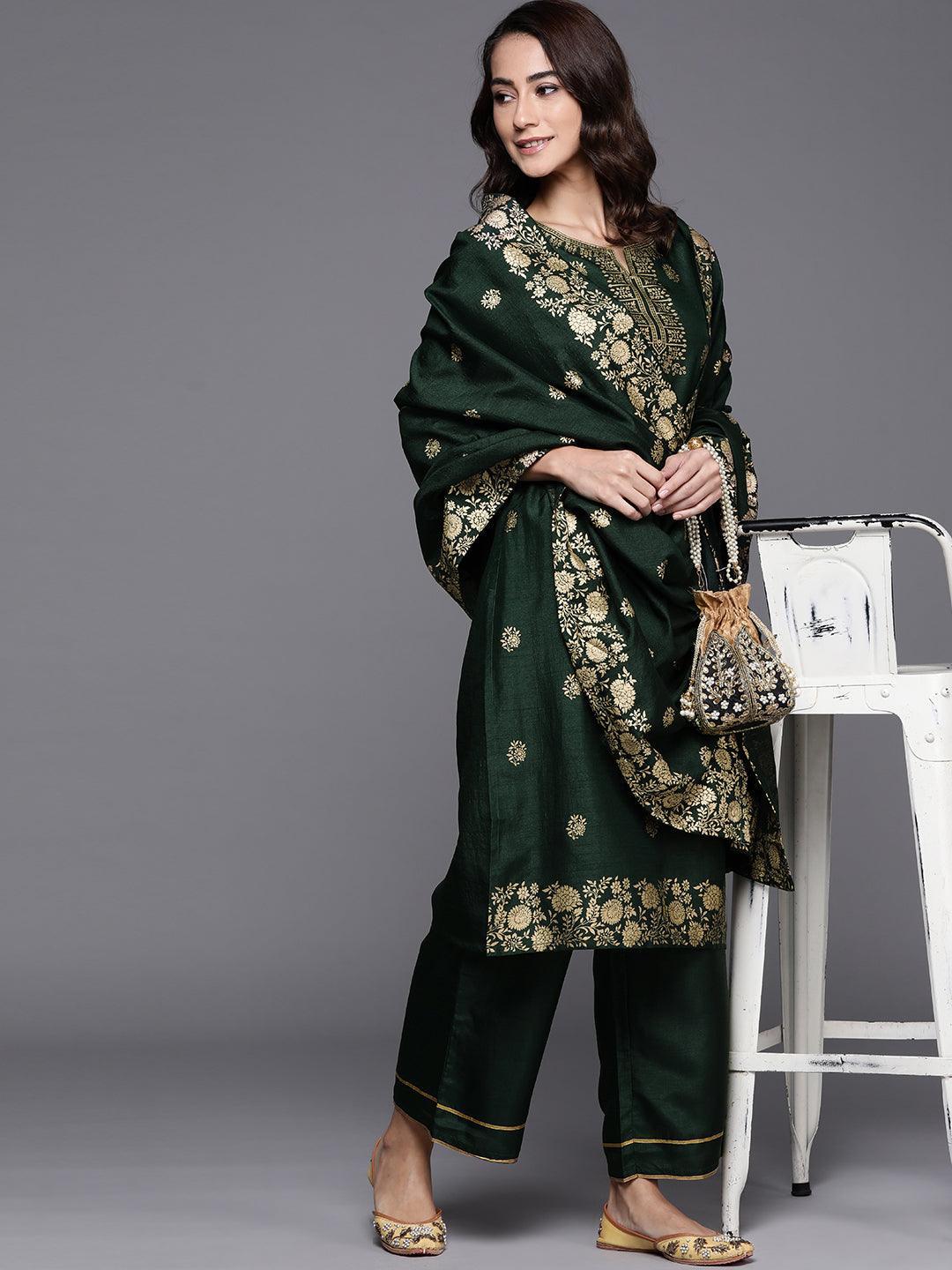 Green Printed Silk Blend Suit Set - ShopLibas