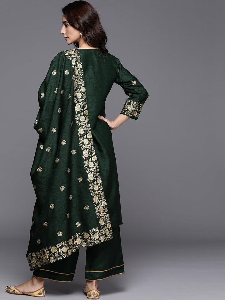 Green Printed Silk Blend Suit Set