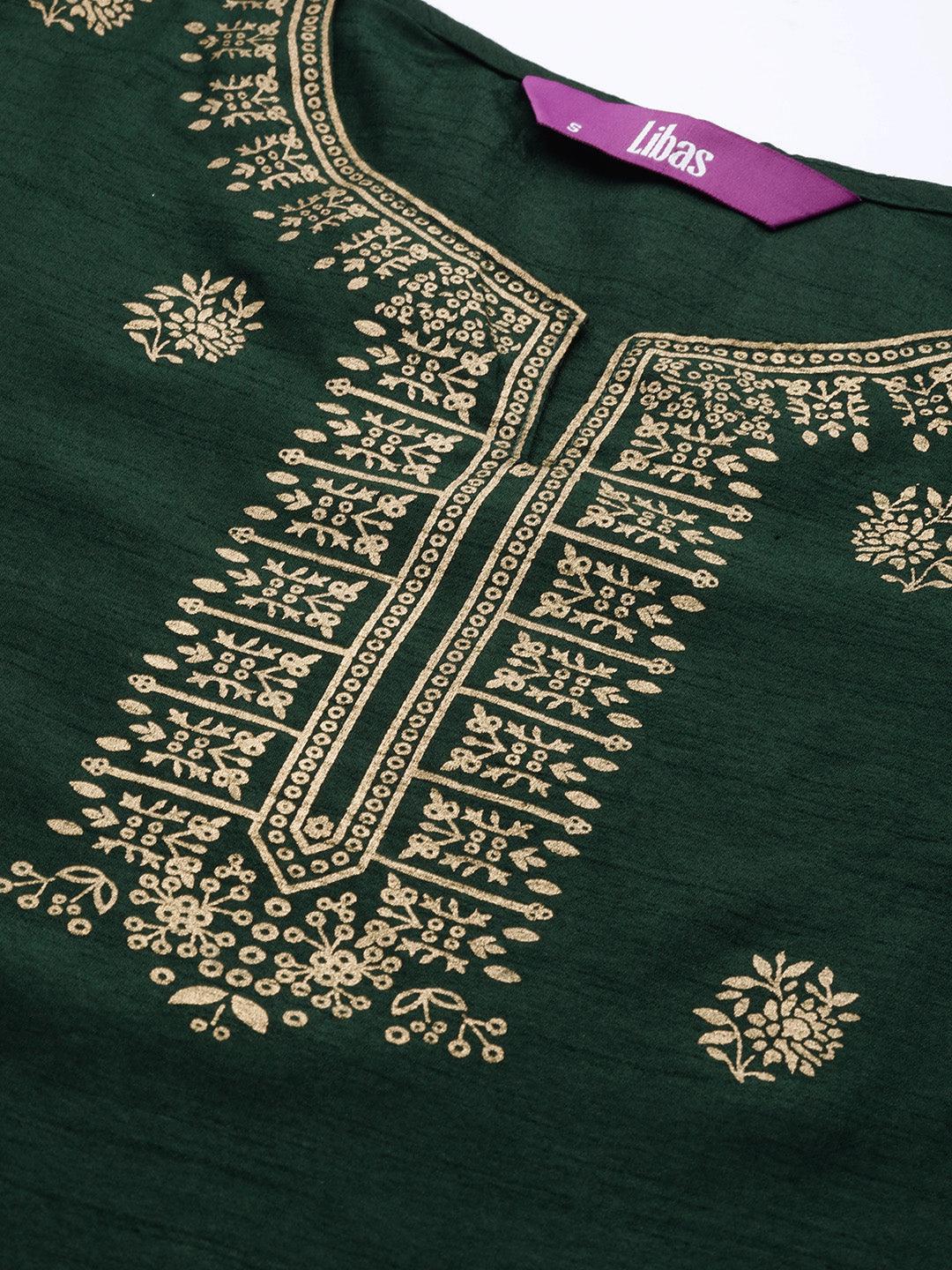 Green Printed Silk Blend Suit Set - ShopLibas