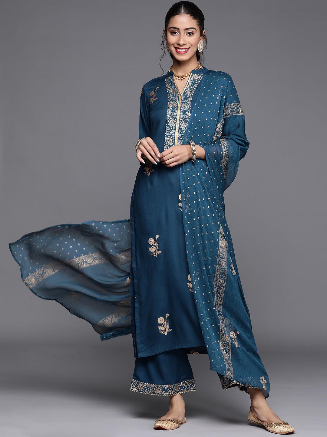 Blue Printed Viscose Rayon Suit Set - ShopLibas