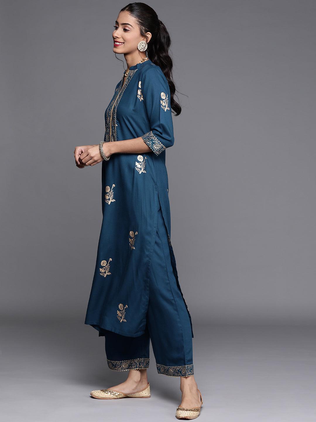 Blue Printed Viscose Rayon Suit Set - ShopLibas