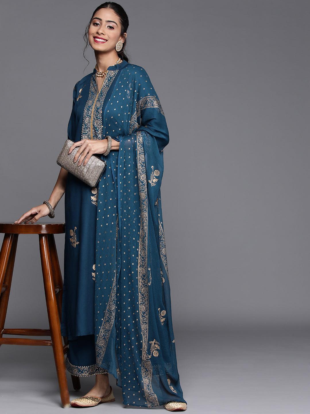 Blue Printed Viscose Rayon Suit Set - ShopLibas