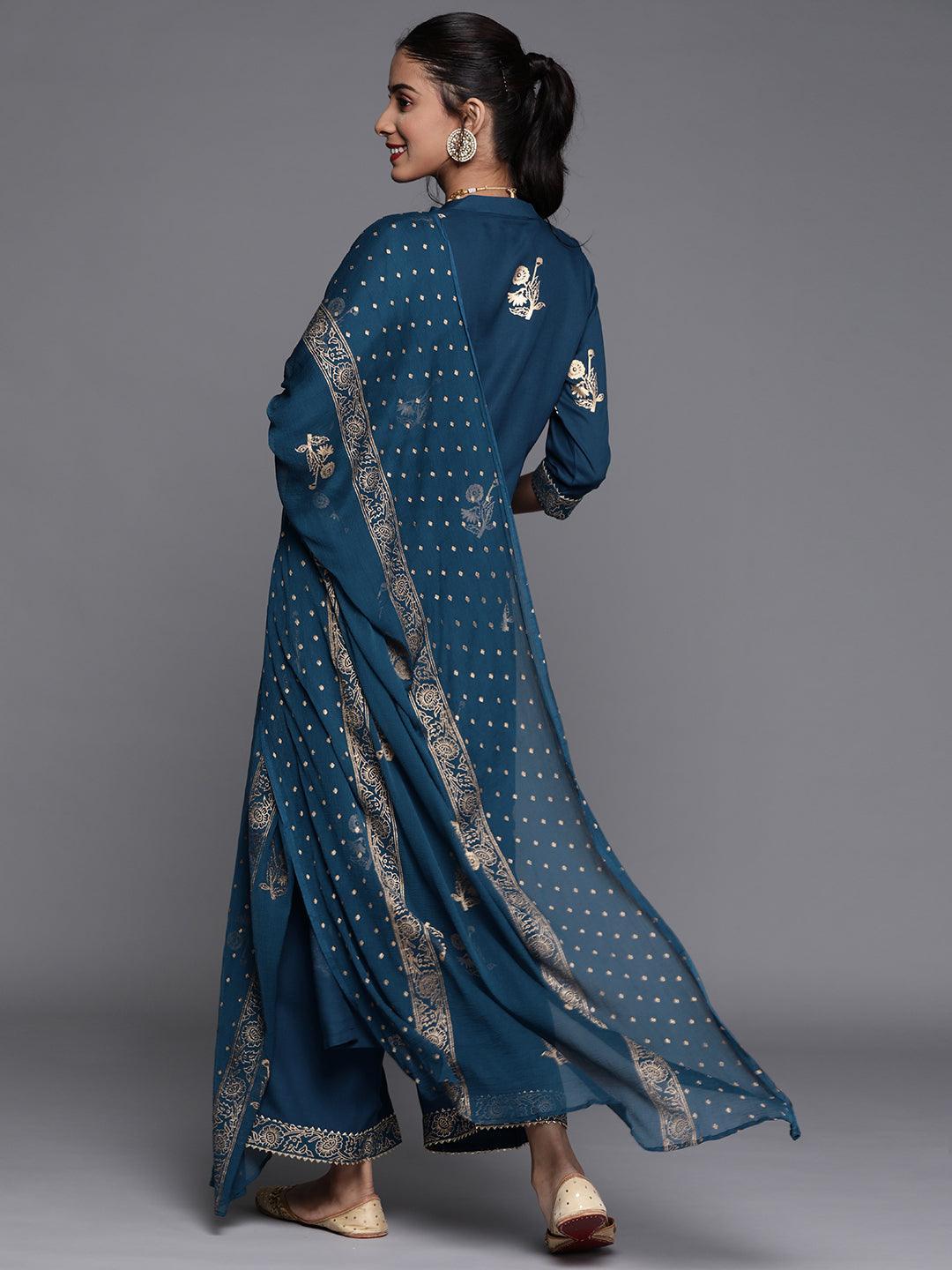 Blue Printed Viscose Rayon Suit Set - ShopLibas