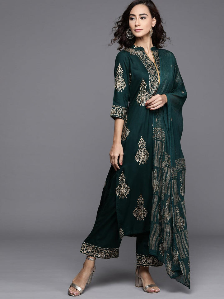 Green Printed Viscose Rayon Suit Set