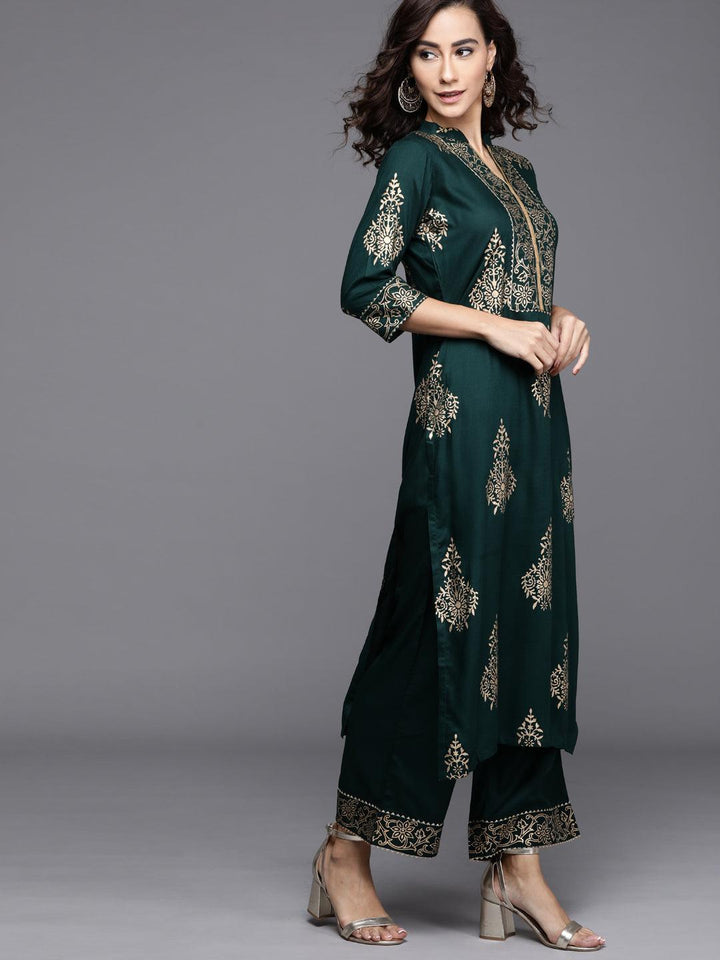 Green Printed Viscose Rayon Suit Set