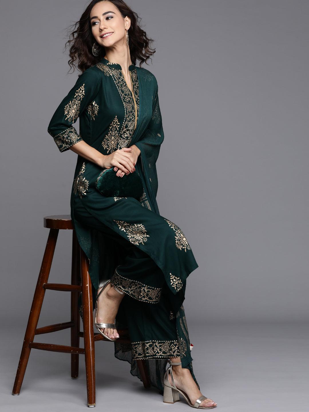 Green Printed Viscose Rayon Suit Set - ShopLibas
