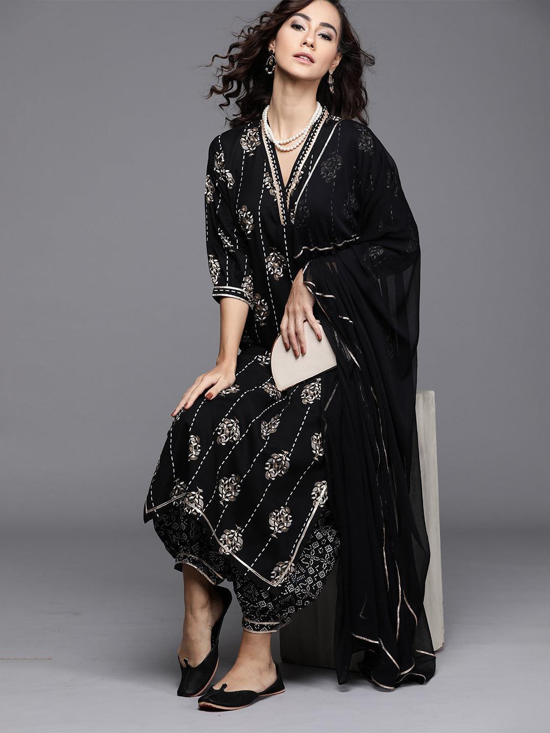 Black Printed Cotton Suit Set - ShopLibas