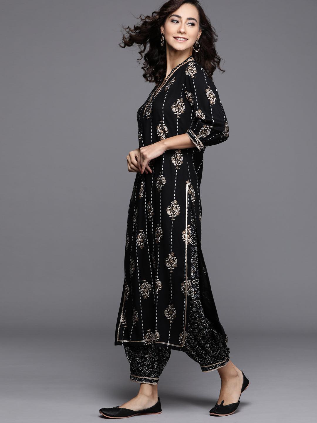 Black Printed Cotton Suit Set - ShopLibas