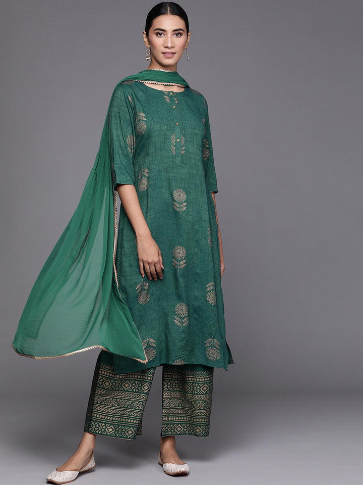 Green Printed Chanderi Silk Suit Set