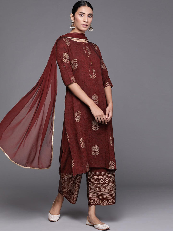 Maroon Printed Chanderi Silk Suit Set
