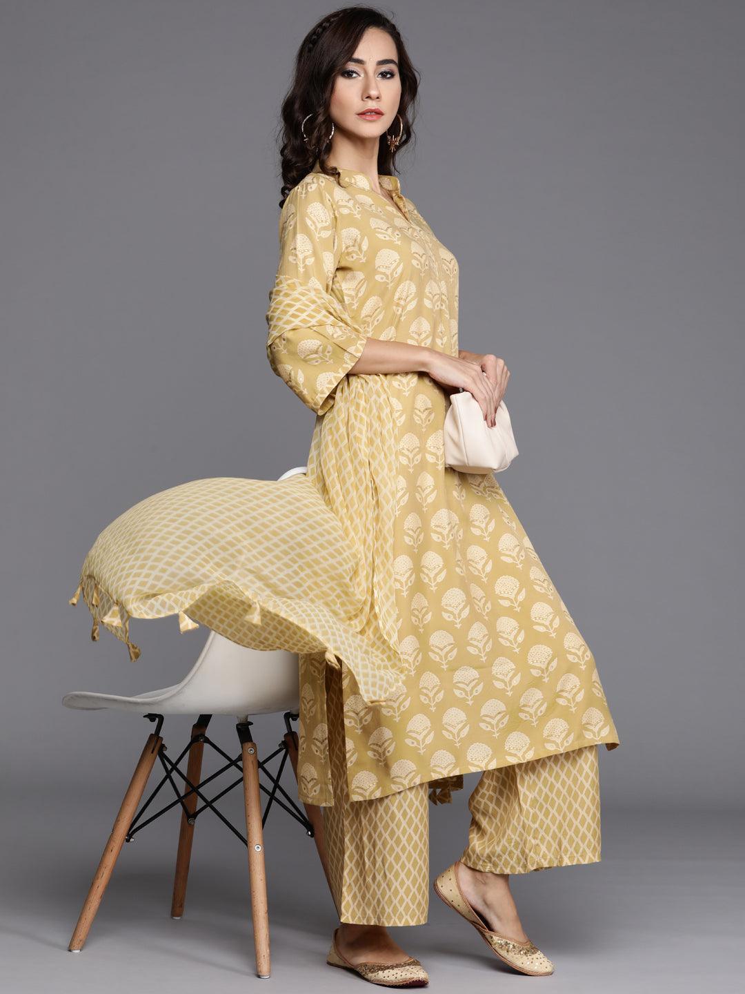 Yellow Printed Silk Blend Suit Set - ShopLibas