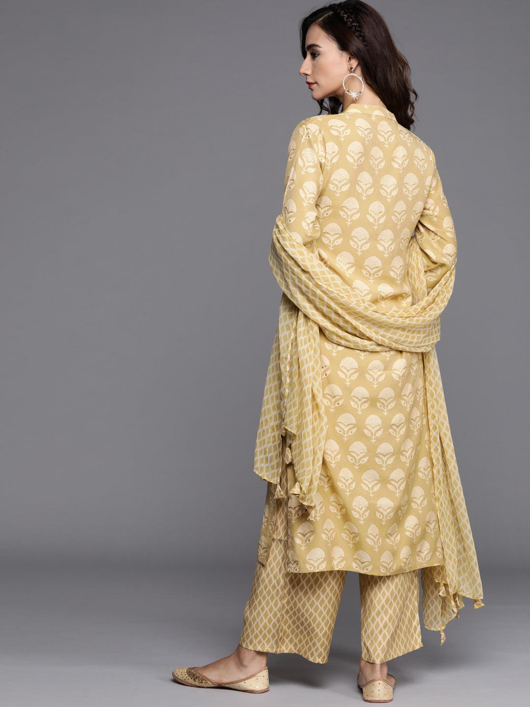 Yellow Printed Silk Blend Suit Set - ShopLibas