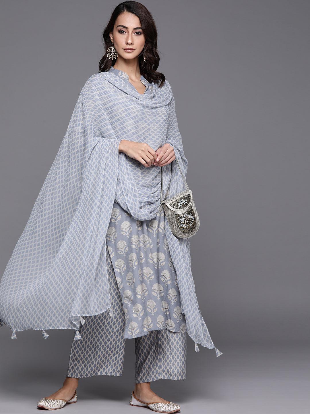 Blue Printed Silk Blend Suit Set - ShopLibas