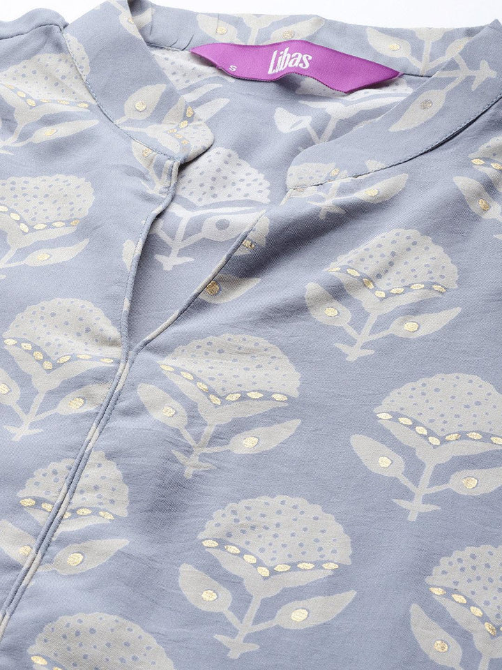 Blue Printed Silk Blend Suit Set