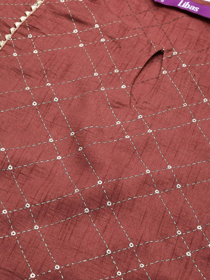 Brown Printed Silk Blend Suit Set