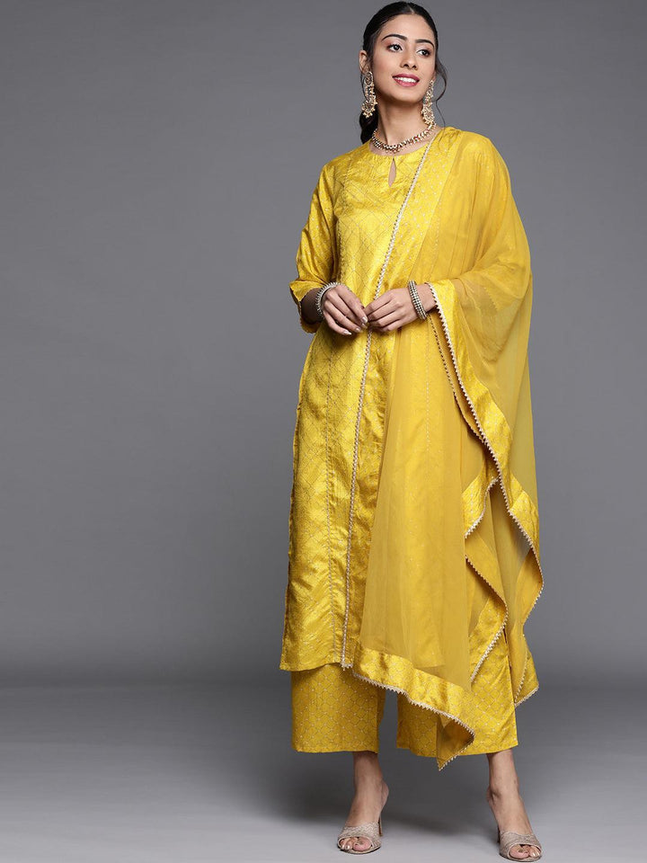 Yellow Printed Silk Blend Suit Set