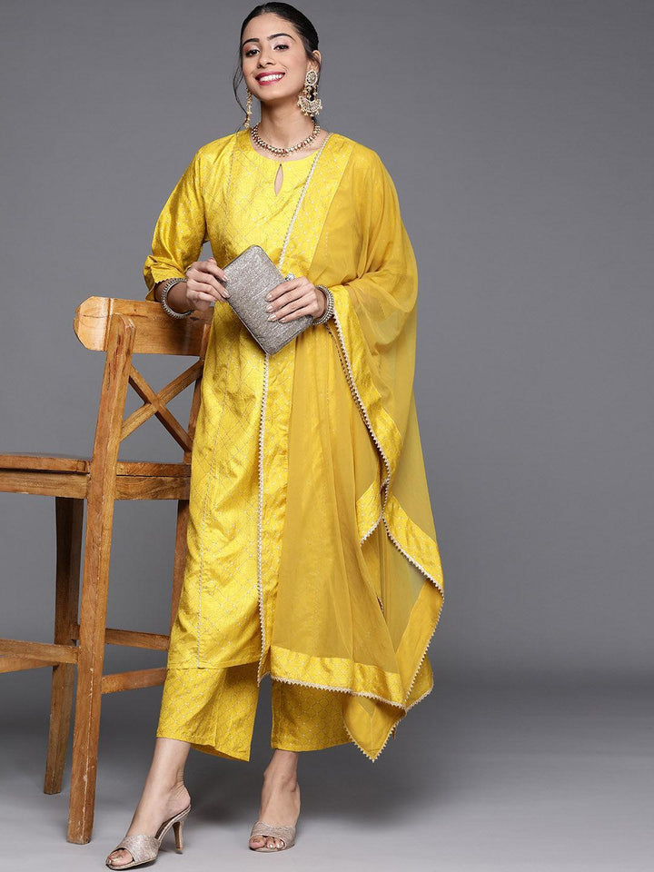 Yellow Printed Silk Blend Suit Set