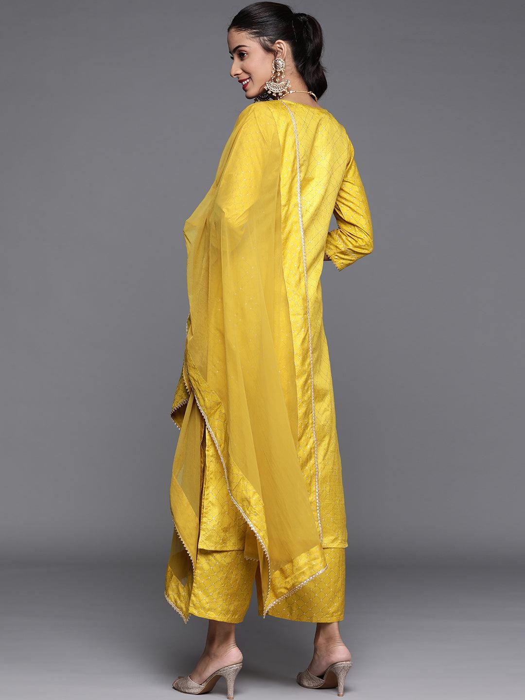 Yellow Printed Silk Blend Suit Set - ShopLibas