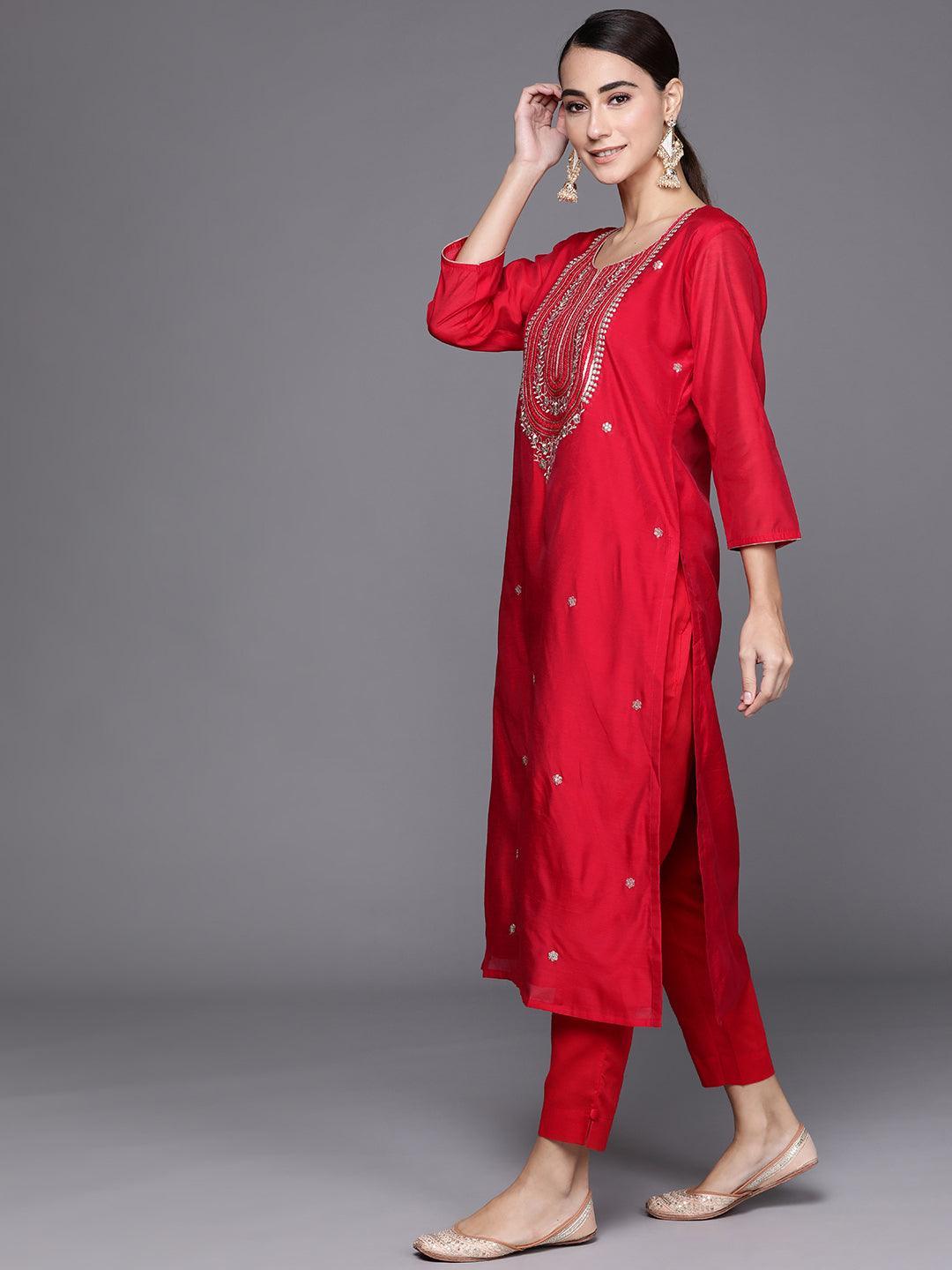 Red Embroidered Chanderi Silk Suit Set - ShopLibas