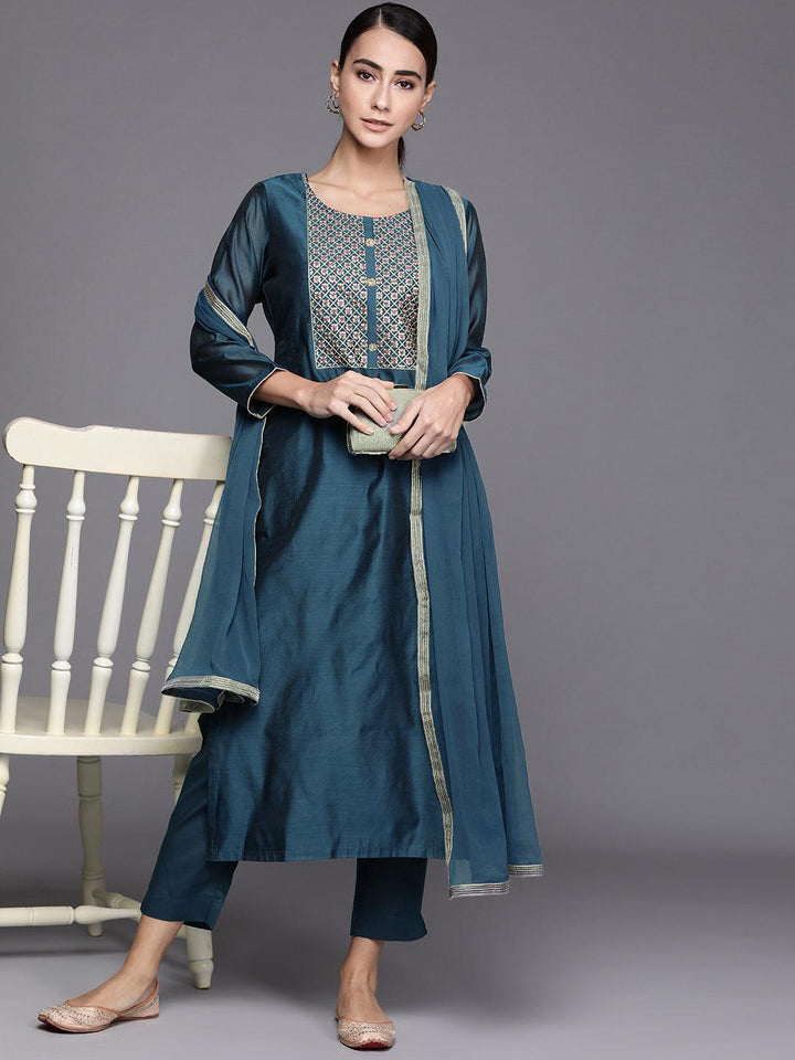 Teal Embroidered Chanderi Silk Suit Set