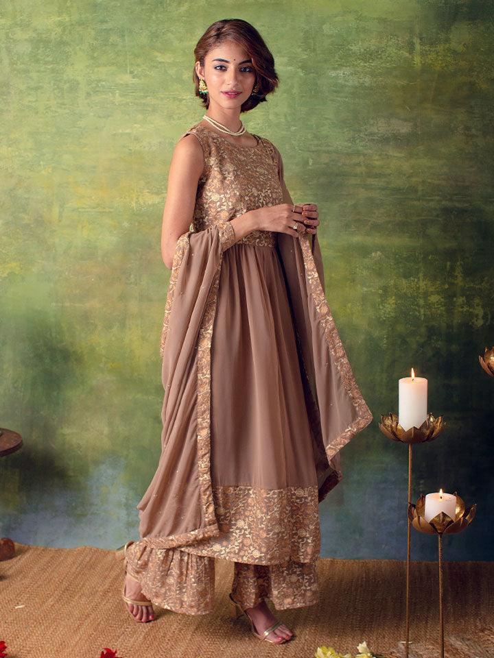 Beige Embroidered Georgette Suit Set - ShopLibas