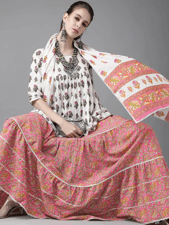 White Printed Cotton Suit Set