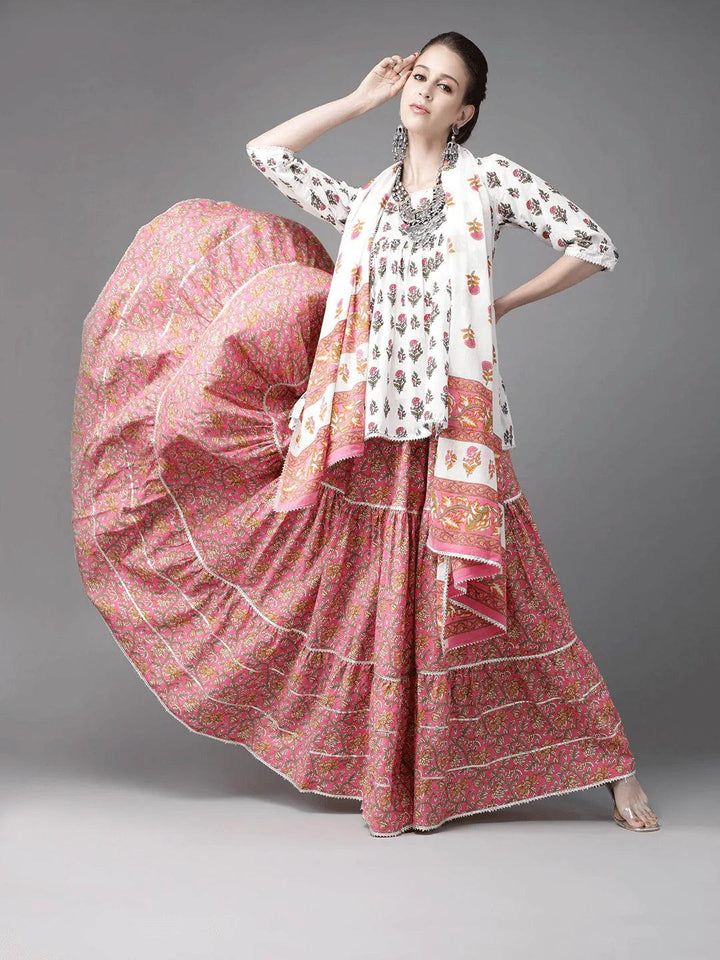 White Printed Cotton Suit Set