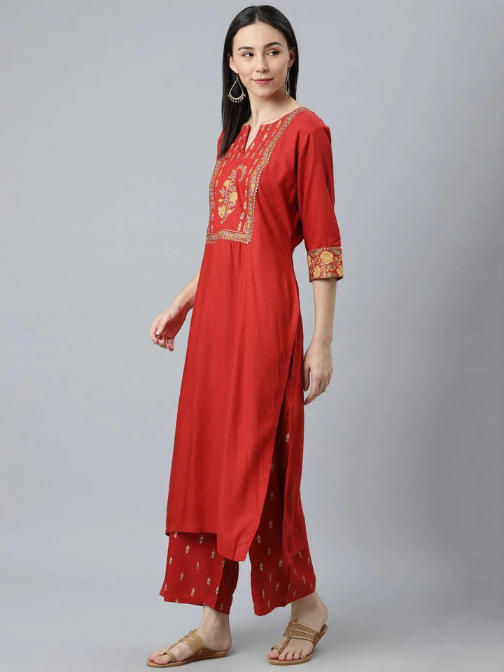 Red Printed Rayon Suit Set