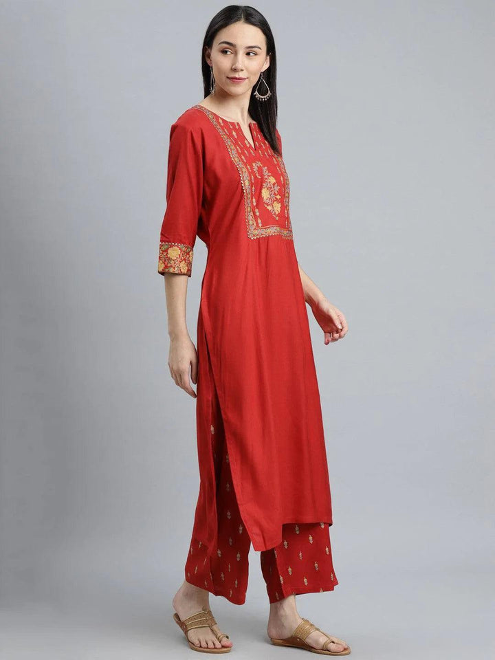 Red Printed Rayon Suit Set