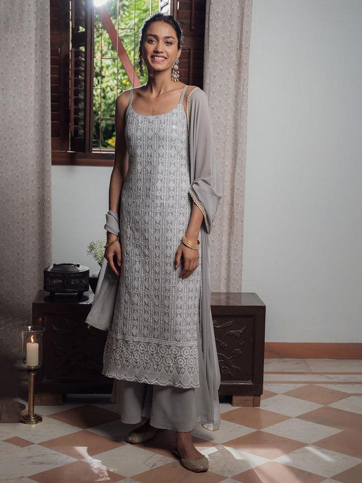 Grey Embroidered Georgette Suit Set
