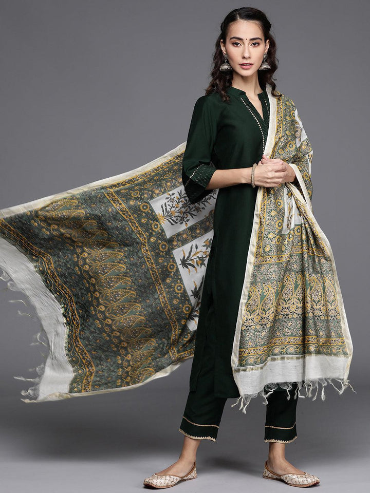 Green Solid Silk Blend Suit Set