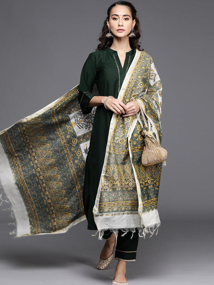 Green Solid Silk Blend Suit Set