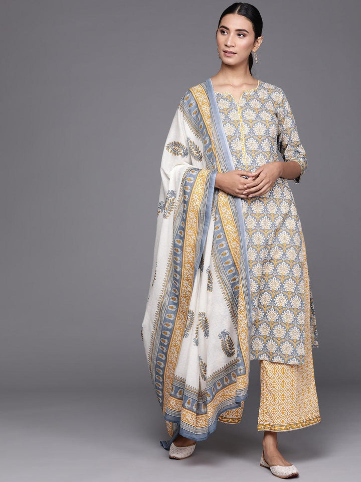 Grey Printed Cotton Suit Set