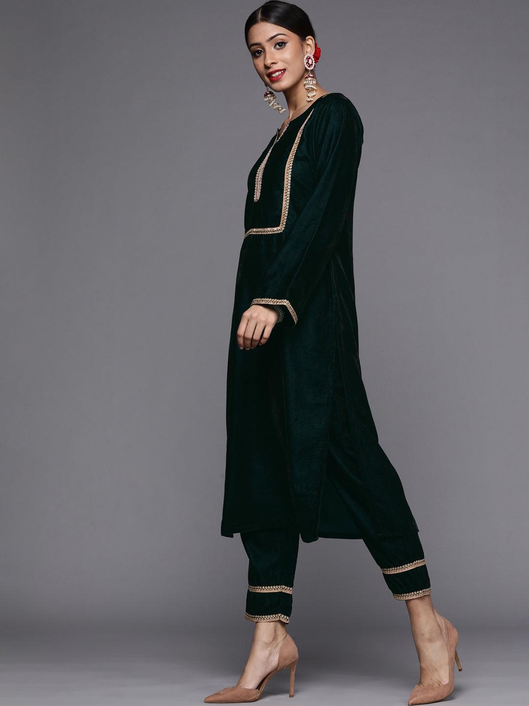 Green Embroidered Velvet Suit Set - ShopLibas