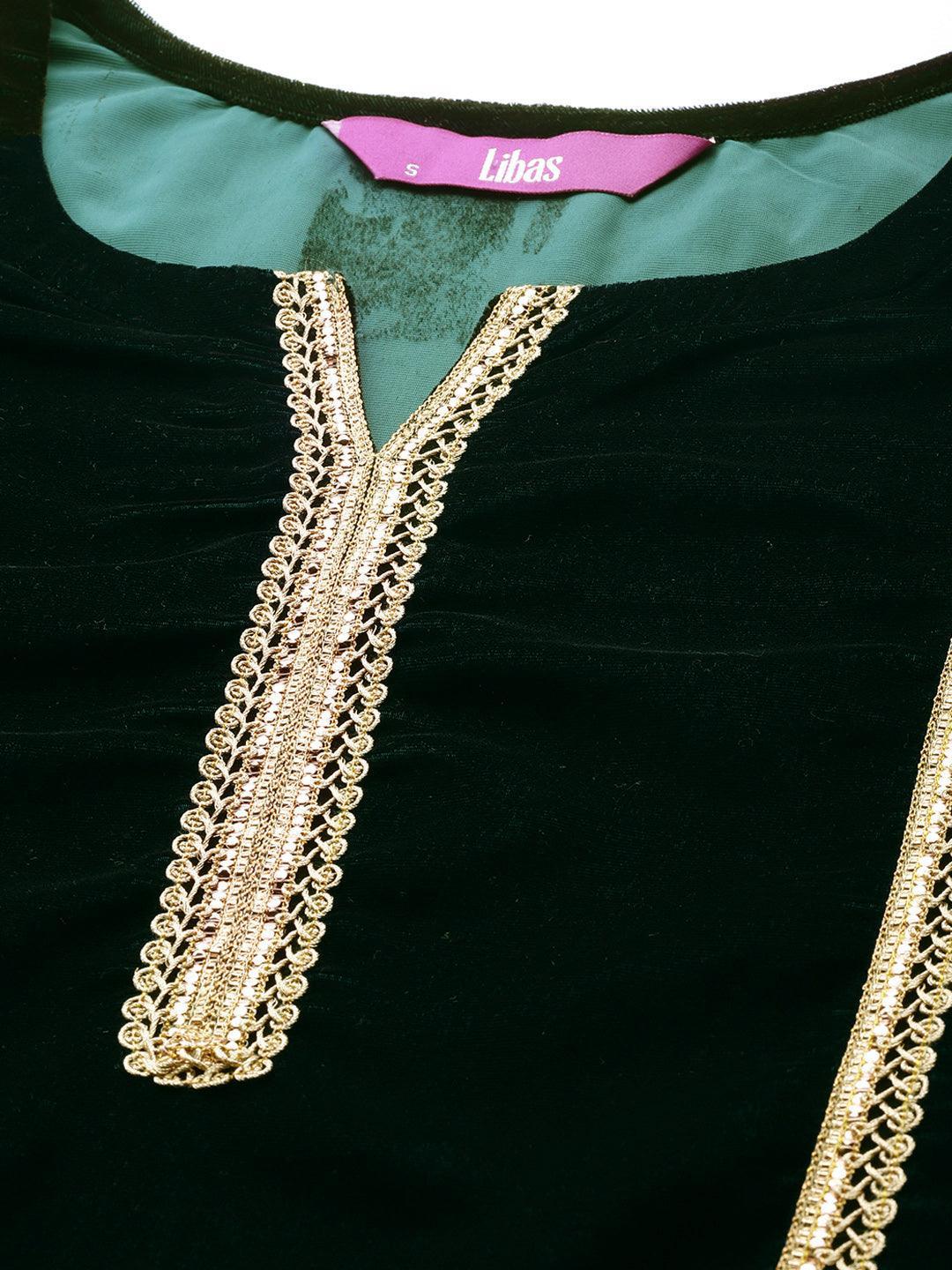 Green Embroidered Velvet Suit Set - ShopLibas