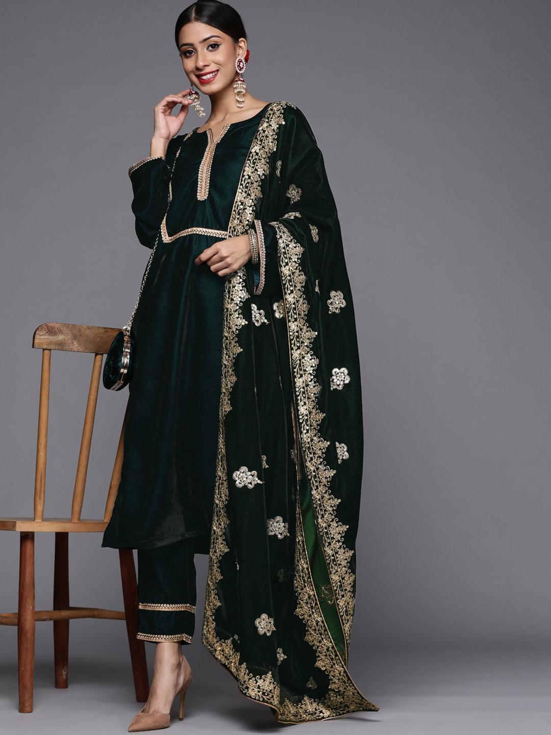 Green Embroidered Velvet Suit Set - ShopLibas