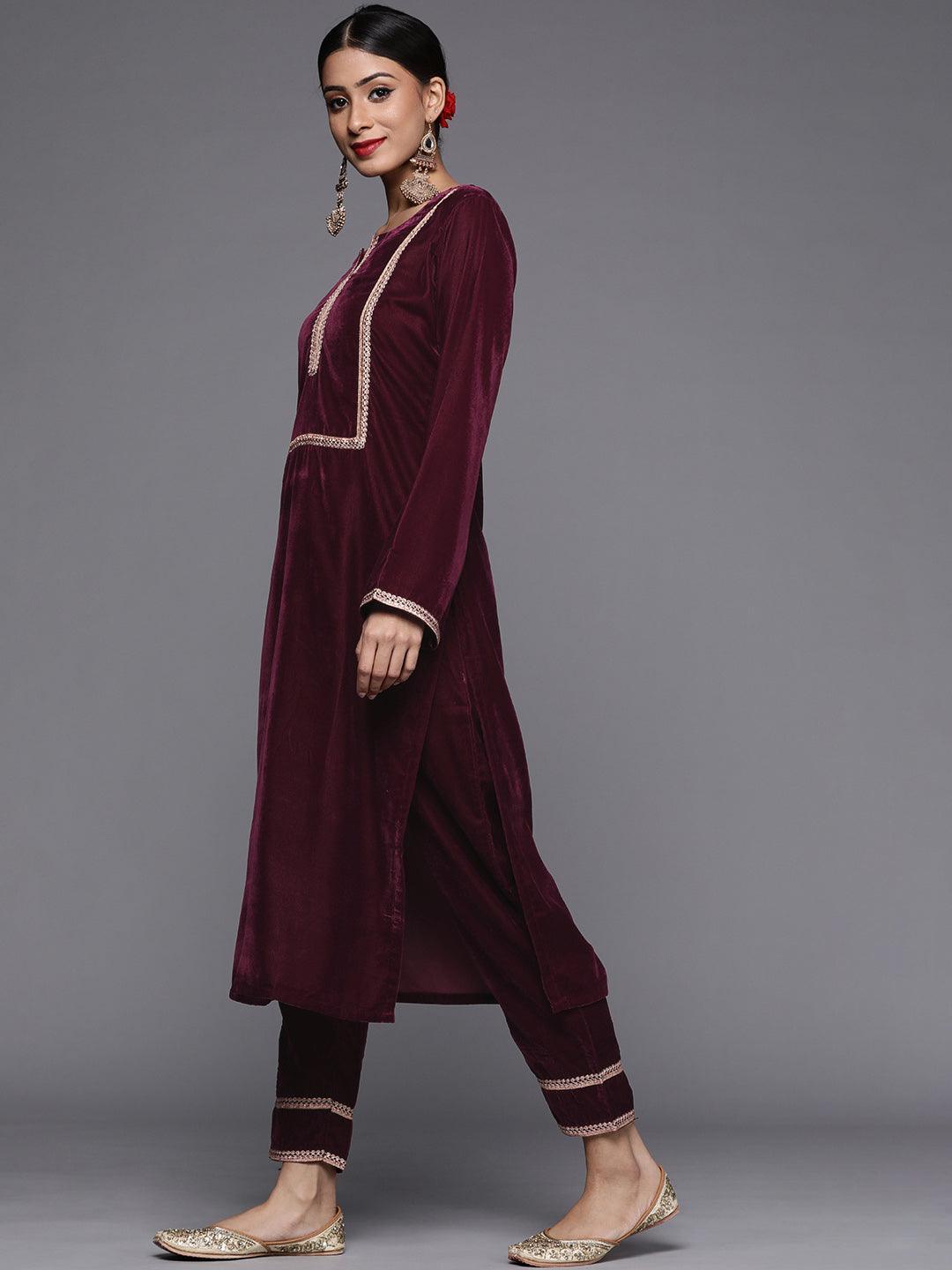 Purple Embroidered Velvet Suit Set - ShopLibas