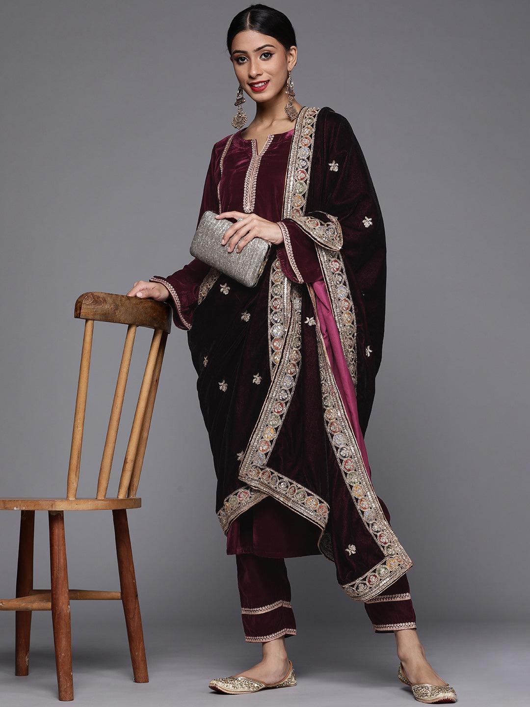 Purple Embroidered Velvet Suit Set - ShopLibas