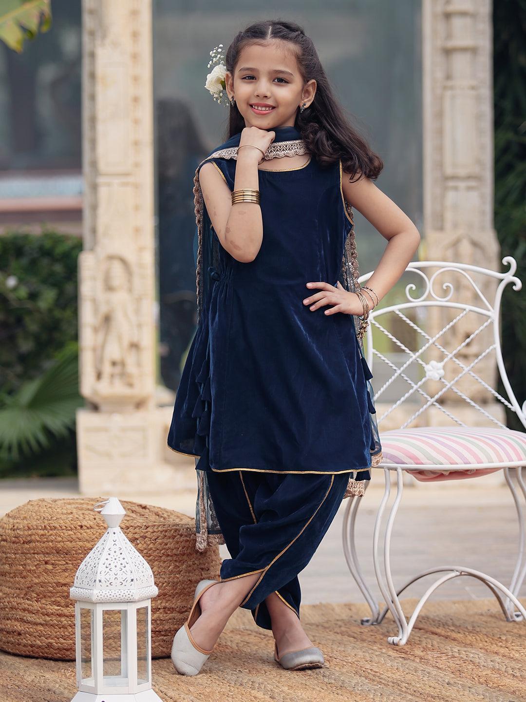 Buy Kids Teal Solid Velvet Suit Set Online at Libas