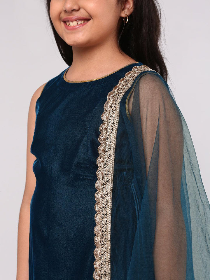 Kids Teal Solid Velvet Suit Set