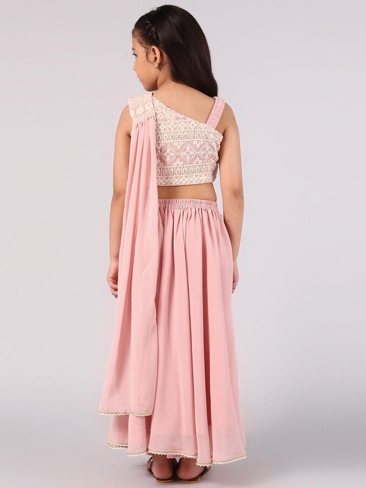 Kids Pink Embroidered Georgette Lehenga Set