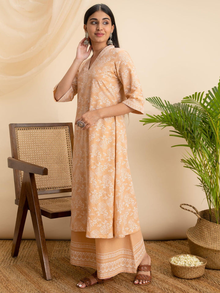 Peach Printed Cotton Kurta