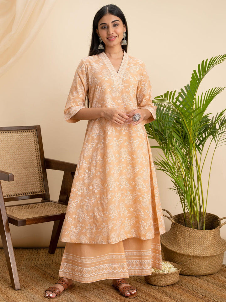 Peach Printed Cotton Kurta