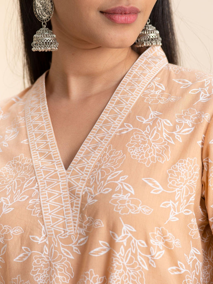 Peach Printed Cotton Kurta