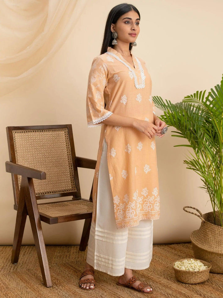 Peach Printed Cotton Kurta