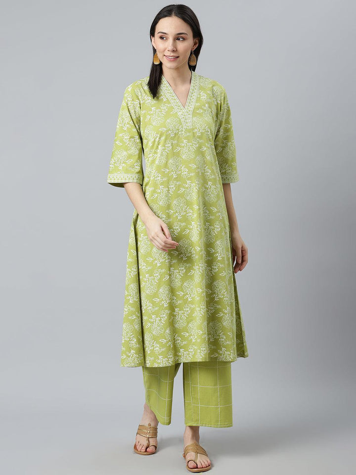 Green Printed Cotton Kurta
